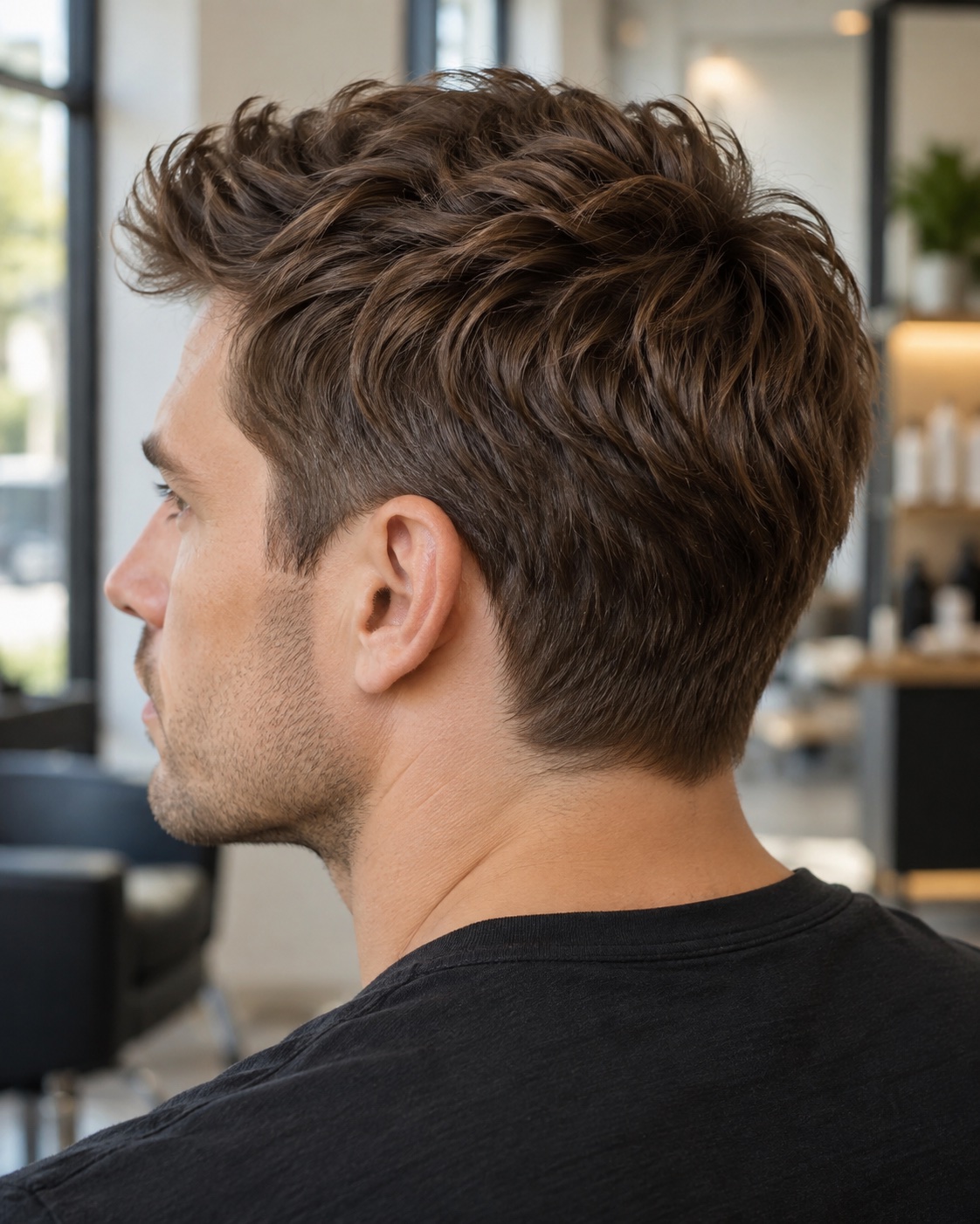Men's short textured haircut with natural chestnut-brown color