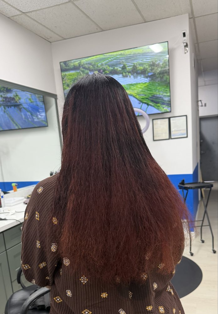Long auburn hair color result at Dimension Hair Salon in Bothell