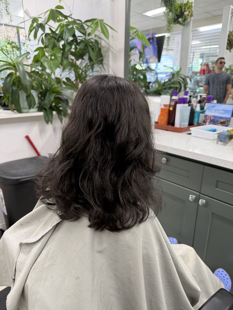 Women's medium-length dark layered hairstyle at Dimension Hair Salon in Bothell